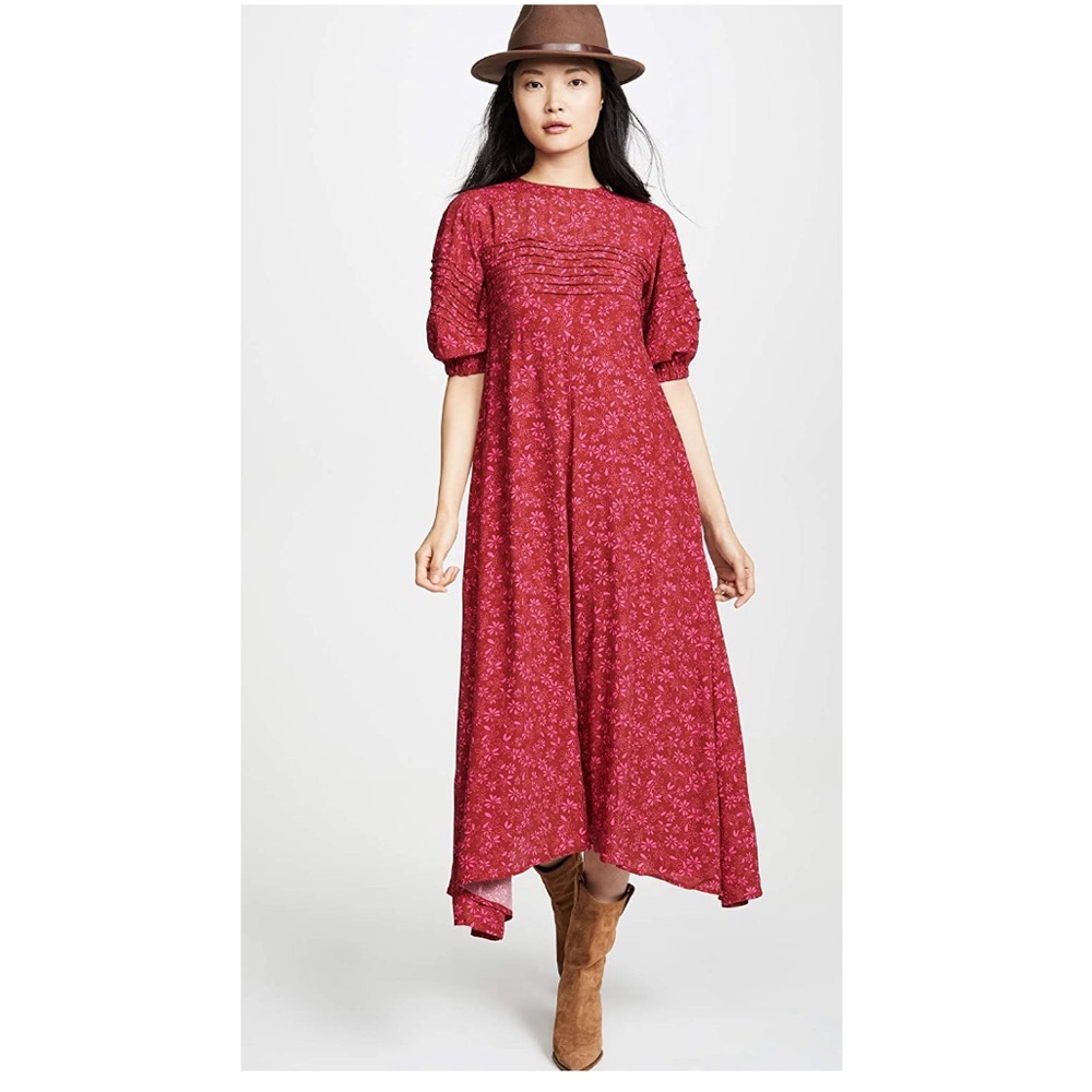 Free People Red Floral Asymmetrical Midi Dress